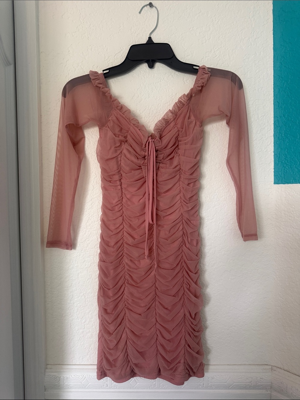 Fashion Nova Ruched Tie-Front Mesh Midi Dress in Dusty Rose